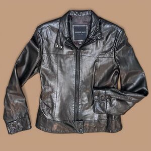 Andrew Marc New York soft black leather Racer Moto Jacket Snap Collar Size S